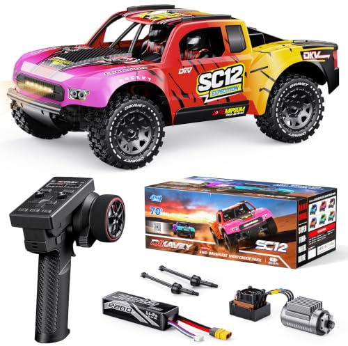 1/12 Brushless-Ferngesteuertes Auto (RTR), über 70 km/h, 4WD RC Short-Course Truck, RC Drift Car für Einsteiger, ausgestattet mit einem 3S 2200 mAh Akku, Geländereifen, geeignet für Erwachsene – ROT