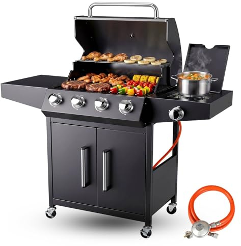 TLSUNNY Gasgrill 4+1 Brenner 15 kW, BBQ Grillwagen Gas mit Seitenkochfeld, Gasgriller Outdoor Edelstahl mit Thermometer, 4 PCS Rollen, 60x42 cm Grillrost & Warmhalterost, Grillküche für Balkon, Garden