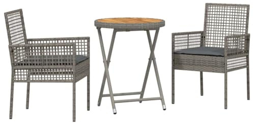 KKgypkn Set da bistrò in polyrattan, grigio, 3 pezzi, con piano in legno di acacia, per giardino e terrazza
