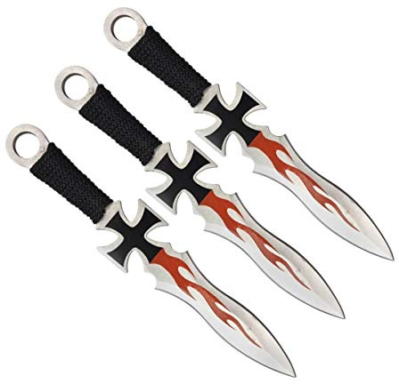 KOSxBO® Set 3er Eiseners Kreuz Darts Wurfmesser Set Iron Cross Flames Edition hochwertige Kunai Messer 17,5 cm inkl Nylon Scheide und Gürtelclip für Profis und Anfänger
