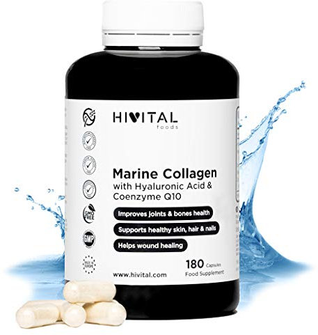 Marine Kollagen mit Hyaluronsäure, Coenzym Q10, Vitamin C und Zink. 180 Kapseln für eine 3-monatige Behandlung. Basierend auf 900 mg hydrolysierten Meereskollagenpeptiden. Hergestellt von HIVITAL
