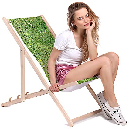 DreamRoots Liegestuhl klappbar Buchenholz, Alpine Meadow | Klappliegestuhl Holz, Buchenholz, bis 130 kg, 3-fach verstellbar, waschbarer Polyesterbezug, für Garten & Terrasse