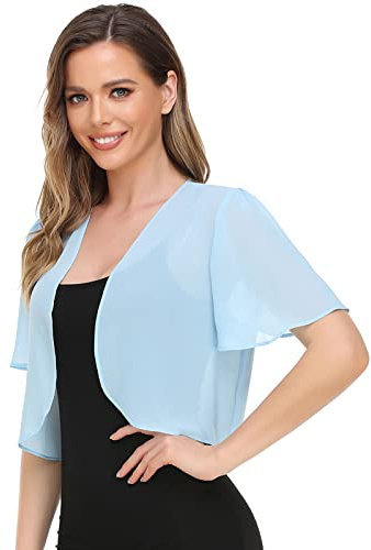 Yetoun Women Bolero Shrug Soft Chiffon Open Front Sheer Short Sleeve Cropped Cardigans for Evening Dress, Sky Blue, Medium