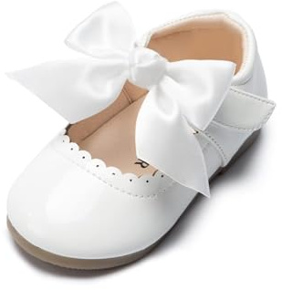 Fromosa Toddler Girls Mary Jane Dress Shoes Ballet Flats Little Flower Girls Slip-On White Bowknot Princess Baptism Wedding Party Casual Soft Walking School Uniform Moccasins Shoes 7 Size