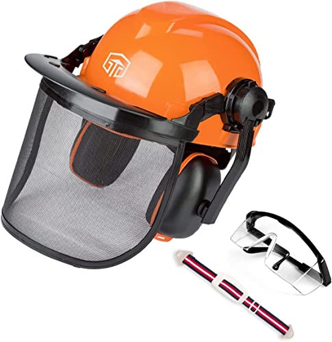 SUNHOO Orange Full-Face Chainsaw Helmet with Safety Face Shield, Ear Muffs, Anti-Fog Goggles and Adjustable Buckle Closure