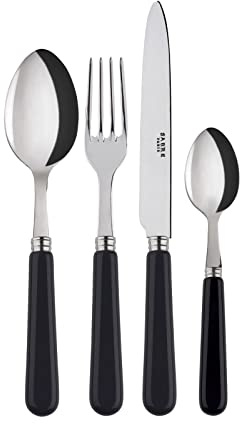 Sabre Paris | Ensemble de couverts de table 4 pièces 23cm Pop, couleur Noir. Comprend couteau, fourchette, cuillère à soupe et petite cuillère en Acier Inoxydable.