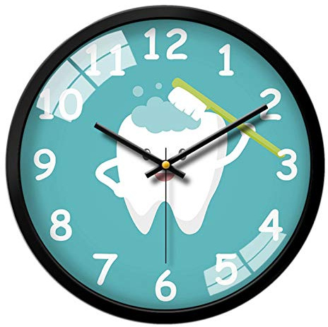 AUNEVN Wall Clocks Silent Non-Ticking Battery Operated Creative Dental Hospital Clinic Office Kindergarten Brush Teeth 14-Inch Frame Quartz Clocks
