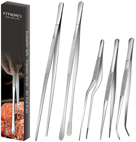 5 Pcs Cooking Tweezers Tongs, Stainless Steel Kitchen Food Tweezers Set, Professional Kitchen Long Tweezer for Cooking,Repairing,Sea Food,BBQ,Multi-use(12 and 6.3)