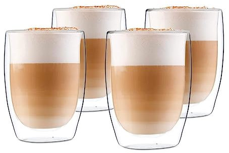 Recamania Set de 4 Vasos doble pared 350 ml – Cristal resistente al calor – Para café, té, bebidas Frías o postres