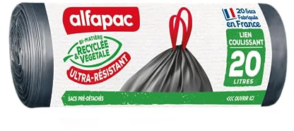 alfapac - 20 sacs-poubelle 20L à lien coulissant ultra-résistant - fabriqués en France - bi-matière recyclée & végétale