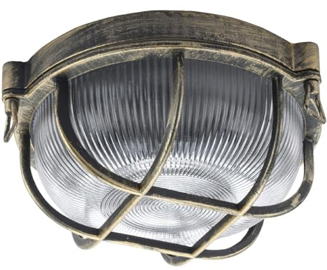 Antique Brass & Ribbed Glass Outdoor Vintage Round Flush Bulkhead Wall Light | 27cm Diameter | IP44 Rated | 1 x ES E27 Lamp Bulb Required | Bathroom Use | UK Approved | Low Profile Height Only 11cm
