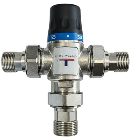 Vanne mélangeur thermostatique solaire 1 HM en laiton CW617N avec 3 rallonges 3/4 M, réglage 35-60°C, anti-brûlure pour chaudière et systèmes solaires