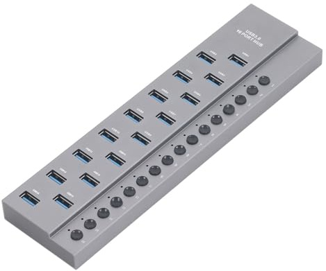 Hub USB 3.0 de 16 Puertos, Transmisión de Alta Velocidad Hub de Datos USB 3.0 de Aleación de Aluminio Industrial con Interruptores de Alimentación Individuales para (Enchufe de
