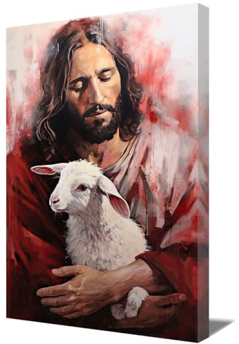 ZQQART Leinwandbild mit Jesus Gott Christus gekreuzigtes Kreuz Gemälde Jesus hält das verlorene Lamm Bild für religiöses und spirituelles Dekor der katholischen Kirche (Jesus und das Lamm,30x45cm)