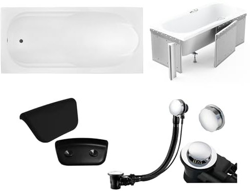 BADLAND Premium Set 5in1 Badewanne Rechteck Acryl Weiß Wanne BONA 160x70 cm, Made in EU + Verkleidung (Styropor) + Nackenkissen KODI, Moderne Design, mit Ablaufgarnitur und Füßen