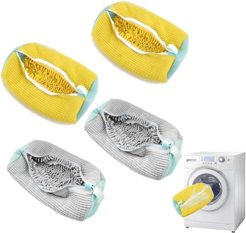Schuhbeutel Waschmaschine, Schuhwaschbeutel Waschmaschine, Schuh Waschbeutel für Waschmaschine, Shoe Wash Bag, Wiederverwendbarer Wäschenetz Schuhe mit Reißverschluss (Gelb*2+Grau*2) (2Grau Gelb)