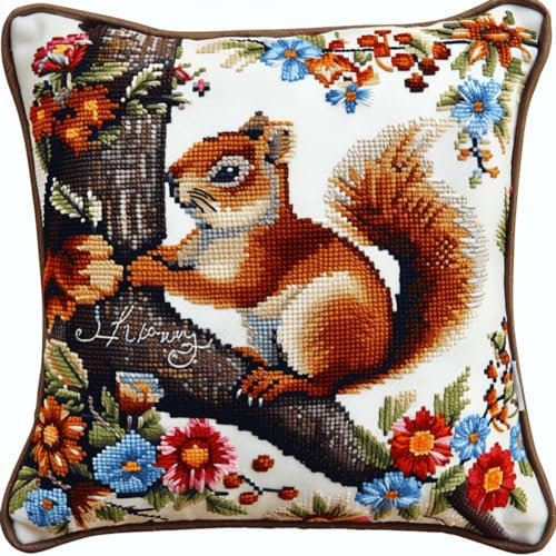RKFLGEW DIY knüpfen set erwachsene Eichhörnchen Tier knüpfkissen Bunter Blumenbaum 3D-Kissen-Materialpaket，Knüpfhaken-Sticksets，DIY-Teppichkissen，Häkelkissenbezug für Zuhause 43x43cm