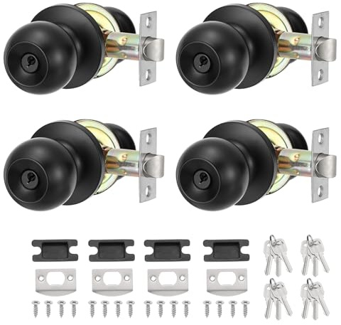 PATIKIL Key Entry Door Knobs Interior, 4 Pack Round Stainless Steel Bedroom Bathroom Door Knob with Lock Entry Indoor Outdoor Door, Black