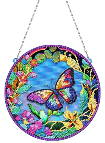 Butterfly Gem Art Suncatcher Window Hanger Ornaments DIY Kits 5D Diamond Art Painting Butterfly Sun Catcher PET Hanging Sign Single Sided Special Shaped Diamond Art Home Office Wall Door Garden Decor