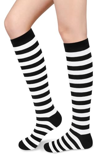 Olreco Black and White Striped Socks Halloween Socks Woman Black and White Knee High Sock Women Witch Sock Knee High Women