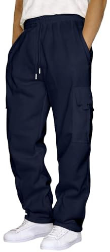 SRZYMJ Herren Trainingshose Winter Thermo Laufhose Fleece Gefütterte Jogginghose Lang Warme Hose Wasserdicht Outdoor Sporthose mit Reißverschlusstaschen Winterhose Cordhose Herren Schwarz Marine M