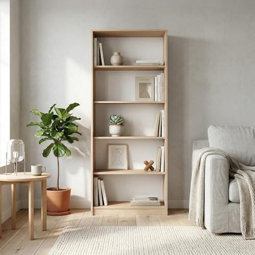 Home Collective Bücherregal mit 5 Ebenen Regal in Matter Ausführung 74 cm breit Standregal mit 4 Einlegeböden für Schlafzimmer Wohnzimmer Flur strapazierfähige Laminatplatte 16 mm dick Sonoma