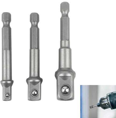 3 Stück Stecknuss Adapter Set, 1/4, 3/8, 1/2, Für Akku-Bohrschrauber Und Bohrmaschine, Bit Adapter Und Verlängerung, Inklusive Bohrfutterschlüssel