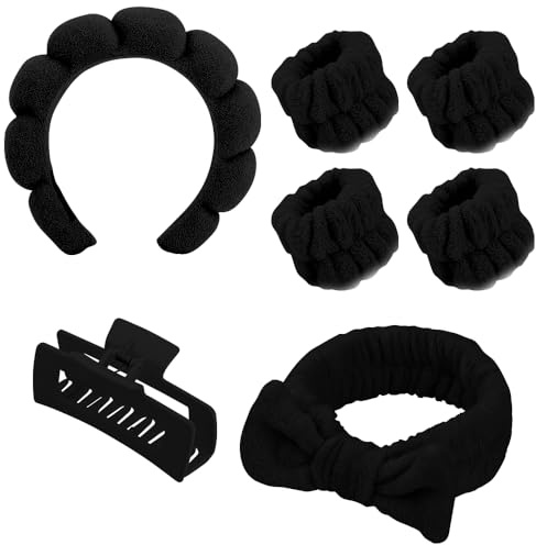 7 Pcs Spa Bow Headband Set, Makeup Headband and Wristband Hairpin Set, Shower Hair Accessory Set (Black)