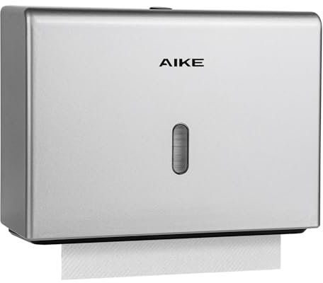 AIKE Dispensador Papel Secamano Pared Uso Comercial Portarrollos, 200+ Hojas para Pliegue Z y Toallas Multifold 25.4x7.8 cm, Dispensador de Papel de Manos AK5102, Plata