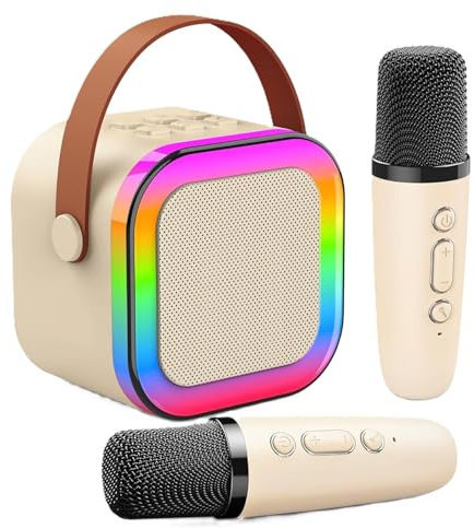 Karaoke con 2 micrófonos inalámbricos. Máquina de Karaoke Bluetooth portátil con Altavoz y Luces LED. Mini Altavoz Karaoke Infantil Regalo para niños y Adultos