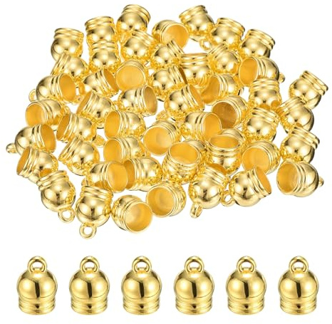 QUARKZMAN 100 Stück Endkappen Schmuck Kunststoff Quasten Kordel Endkappen, 7,8 mm Kleber in Lederfass Verbinder für DIY Lederkordelarmbänder Schmuckherstellung Armbänder Anhänger, Goldton