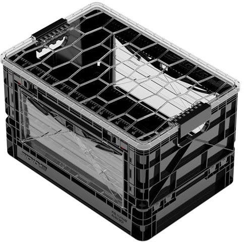 SIDIO Full-Size Collapsible Crate - Heavy Duty Stackable Storage Bin with Lid & 2 Short-Ways Dividers, Durable Plastic Organizer for Home, Office, Garage & Outdoor Use (Black)