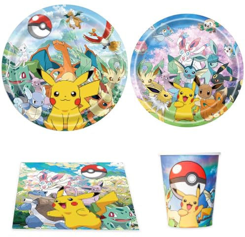 GOACRS Pappgeschirr Set, 80 Stück Partygeschirr mit Pappteller Pappbecher Servietten für 20 Gäste, Bunte Papier Teller und Becher, Cartoon Anime Geschirrset für Kindergeburtstag Partydeko Tischdeko