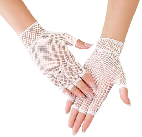 Hybursky Halloween Short Fishnet Gloves for Women Men Fingerless Net Mesh Gloves for 80s Fancy Dress Costume Party 80s Retro Vintage Dance Disco Costume Parties Supplies Accessories, White