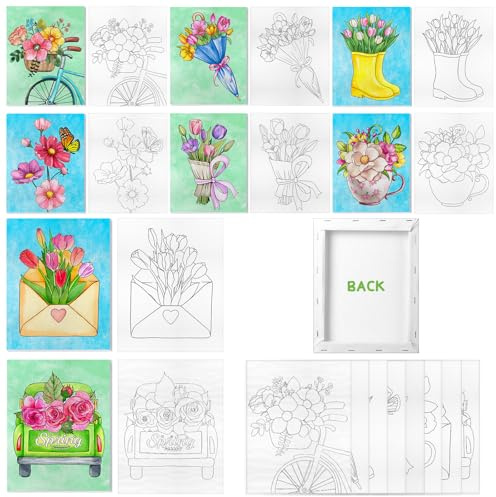 Vorgezeichnete, gespannte Leinwand zum Malen, 8 x 10 Zoll, 8er-Pack vorbedruckte Künstler-Leinwände auf Kanvas für Acryl-, Öl- und Medienmalerei, Kunstbedarf für Hobbykünstler (Frühling Blumen)