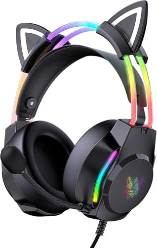 ONITOON Casque de jeu avec oreilles de chat et microphone - Éclairage arc-en-ciel RVB et son surround virtuel 7.1 - Casque filaire de 3,5 mm pour PC/PS4/PS5/Xbox/Switch (design ergonomique)