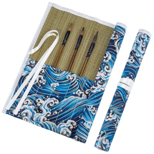 AHANDMAKER 1Pc Bamboo Brush Holder Rollup Portable Protector with Blue River Pattern Storage Organizer Roll-Up Case Bag for Paintbrushes Pencils, Pens Tools Storage 350x312x3mm