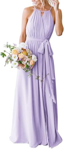 Vestido de dama de honor para mujer, con abertura, plisado, sin mangas, de gasa, formal, vestido de noche, Lila, 46