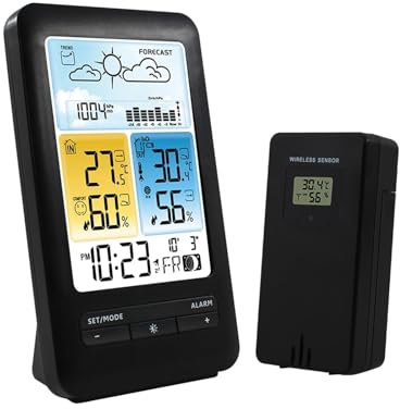 SdaryWare Estación meteorológica LCD con Despertador y función de repetición, Monitor Digital de Temperatura y Humedad para Interiores y Exteriores, termohigrómetro con retroilumin