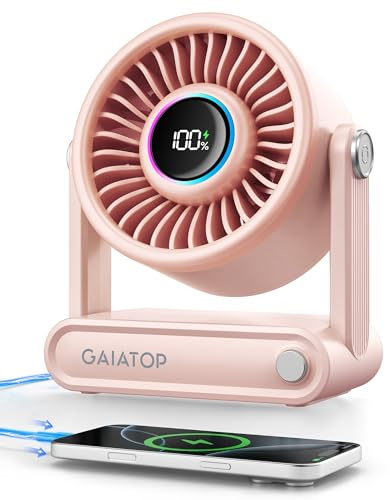 gaiatop Rechargeable USB Desk Fan with Power Bank, 6000mAh Battery Fan | Max 18H Runtime, Small Quiet Fan with RGB Ring, 5-Speed, for Bedroom Office Desk Travel, Valentines Gifts for Women Mum, Pink