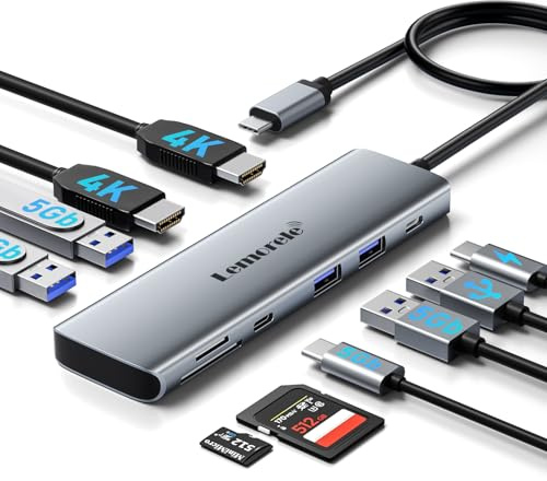 Lemorele Aluminum Docking Station Dual HDMI, 10-in-1 USB C Hub to 2 HDMI 4K, 4 USB 3.0/2.0, 100W PD Fast Charging, SD/TF Dual Display Multiport Adapter for Macbook/Dell/Acer/Lenovo/Acer etc.