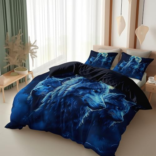 Bettwäsche Schwarz Blau 135 x 200 cm Surreal Fantasie Wolf Bettbezug, 3teilig Flauschige Wende Winterbettwäsche Set mit Kissenbezug 80x80 cm - Atmungsaktiv, Warm & Hautfreundlich Deckenbezug