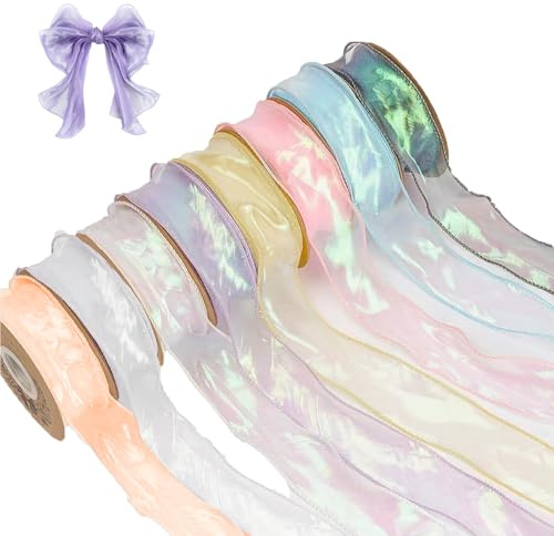 lioewhu 8 Rollos Cinta de Organza de 4 cm x 9 m, Cinta Transparente Brillante, Cinta Organza Decorativa, Brillante Cintas Decorativas Tela para Envolver Regalos, Ramos, Lazos, Manualidades