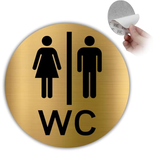 LEIASA | Señal WC Mixto Dorado - Diámetro 10 cm - Grosor 0.8 mm - Aluminio - Placa Redonda Adhesiva - Cartel Baño Unisex - Signo Aseos - (Baño WC Unisex)