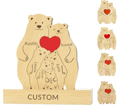 Personalised Wooden Bear Family Puzzle with 2-6 Names,Custom Jigsaw Family Keepsake Decor for Desk/Shelf, for Housewarming,Christmas,Birthday,Mother's Day