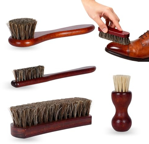 Schuhbürste Set Rosshaarbürste Edle, 4er Schuhputzbürste, Eine Sechs Zoll Lange Rosshaarbürste, Kürbisbürste, Rundkopfbürste Und Kleine, Feine Bürste. Mit Gebogenem Holzgriff Für Optimalen Halt.