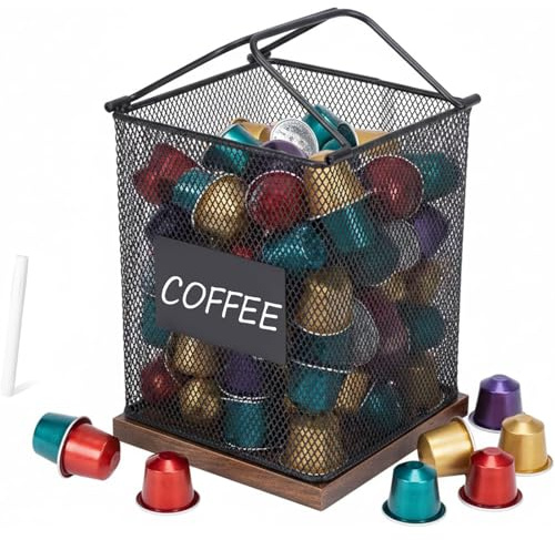 Punorric Coffee Pod Storage - Metal Mesh Coffee Pod Holder with Wooden Base Compatible with All Coffee Pods and Capsules, Stylish Storage Containers for Kitchen/Office/Gift