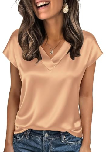 OLIPHEE Tshirt Seta Donna Elegante con Scollo a V Manica Corta Satin Blusa Donna Estiva Primavera Camica in Raso Loose Business Top da Ufficio in Tinta Unita Champagne M