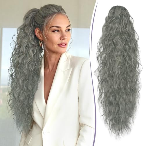 RUWISS Hästsvans med klämma, 76 cm, lång, vågig lockig hästsvans, hårdel, syntetiskt, vågigt claw clip i ponytail extension för kvinnor, grå (med violetttoner)