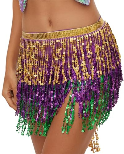 Tabanzhe Sequin Tassel Skirt for Women,Belly Dance Fringe Skirt Wrap Hip Scarf,Sparkly Glitter Rave Festival Skirts Adjustable Waist Dance Costume for Party Performance(Gold,Purple,Green)
